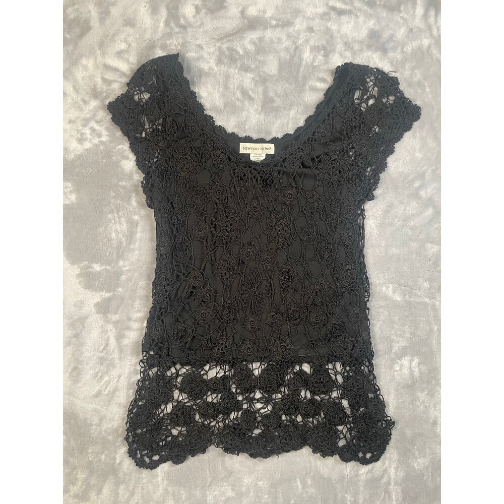 Vintage y2k black crochet longline layered top Newport News M blouse babydoll - Picture 2 of 9